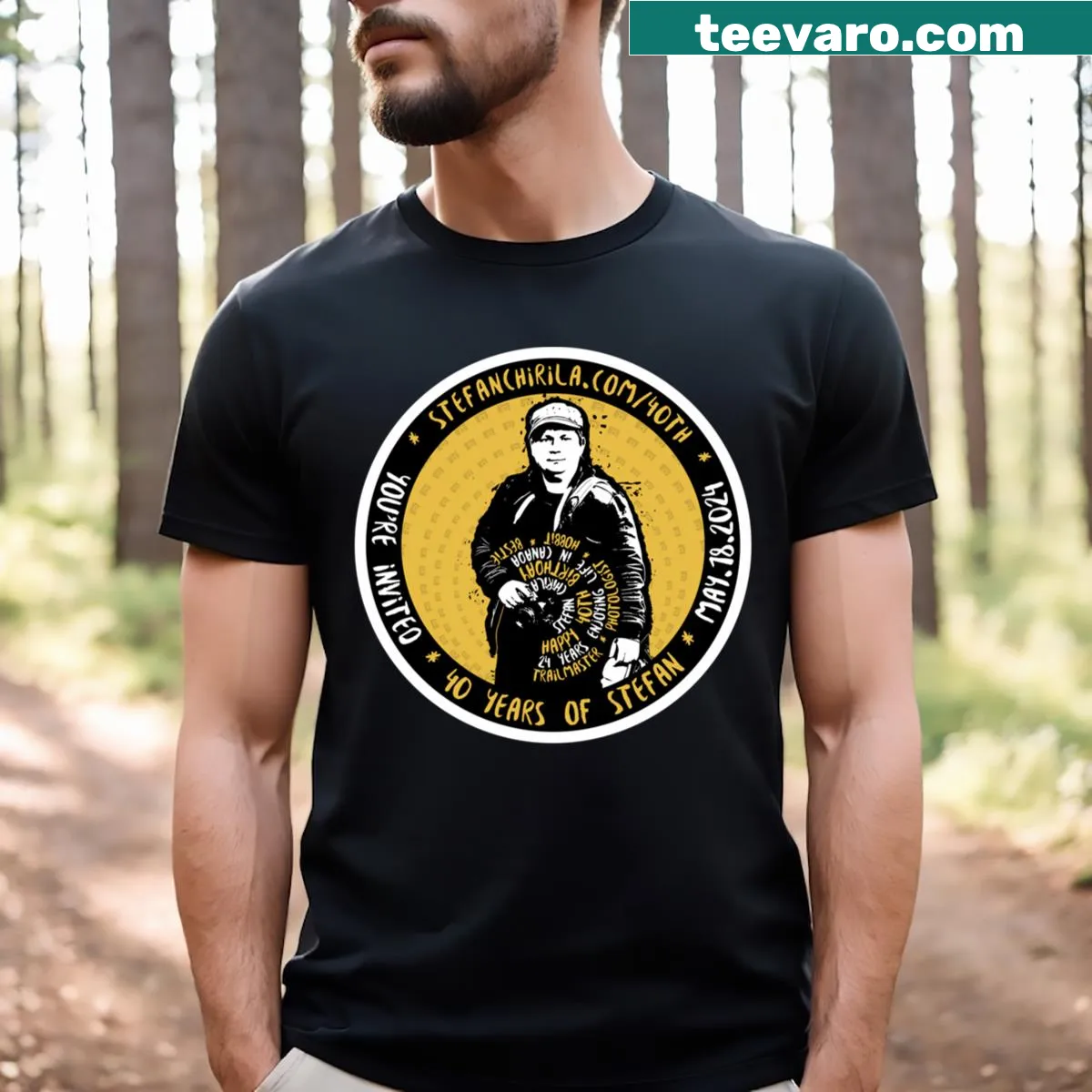 Bold typography T-shirt celebrating Stefan's 40th birthday — on a men's t-shirt
