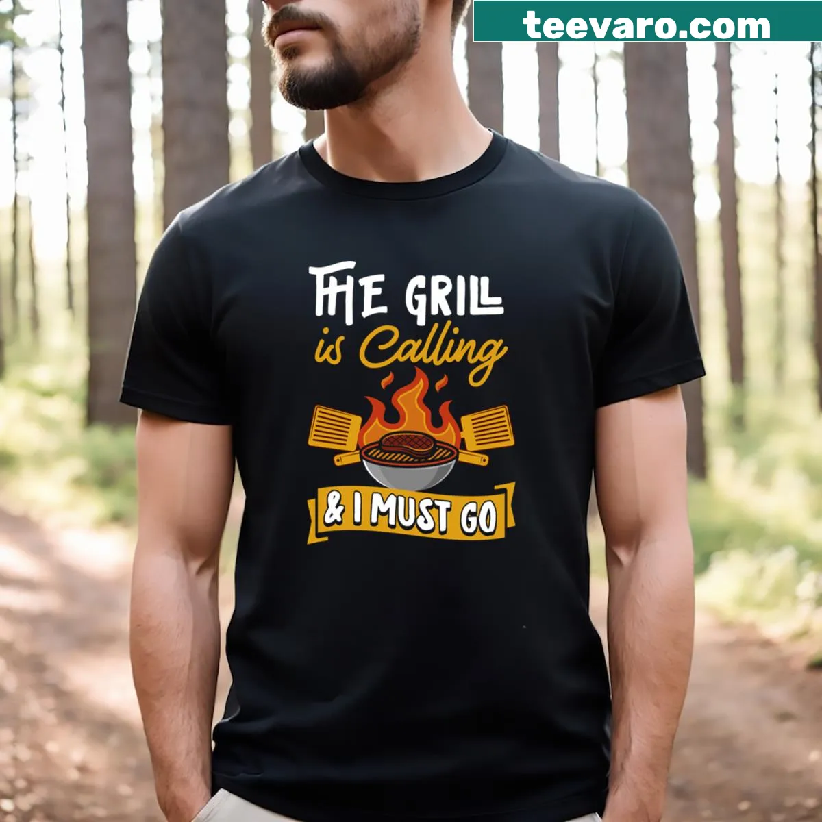 Playful BBQ-themed t-shirt for dads with grill graphic and fun text — on a men's t-shirt
