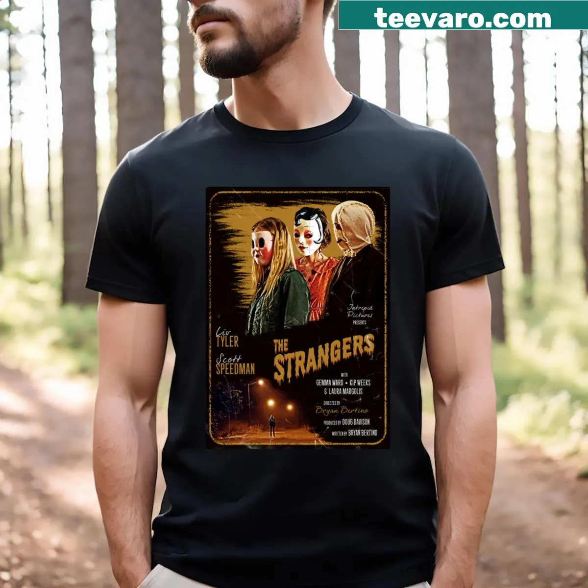 Vintage movie poster T-shirt inspired by The Strangers — on a men's t-shirt