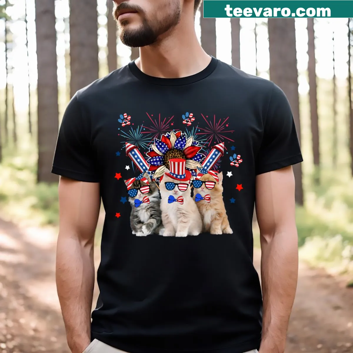 Cartoon T-shirt with three cats in sunglasses and American flags for the 4th of July. — on a men's t-shirt