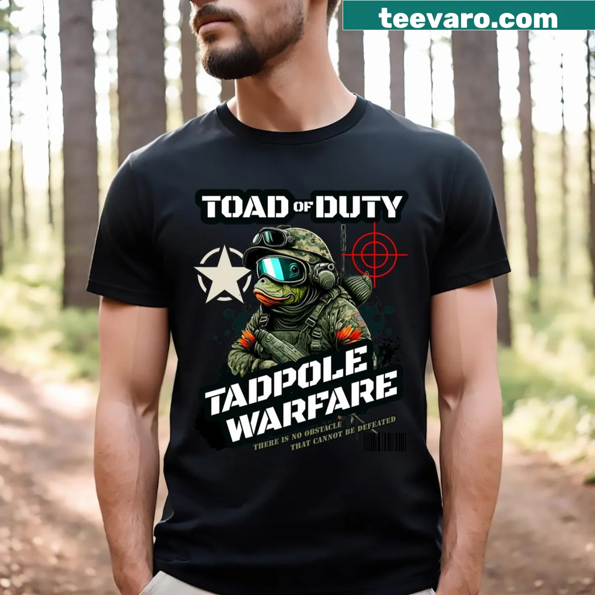 Cartoon T-shirt featuring Toad of Duty in a playful gaming theme — on a men's t-shirt