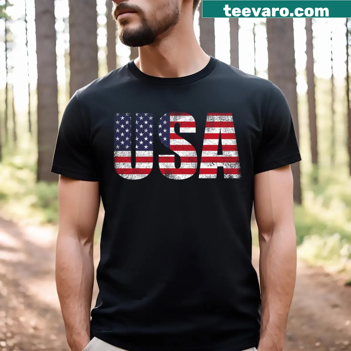 Vintage American flag graphic on a patriotic tee — on a men's t-shirt