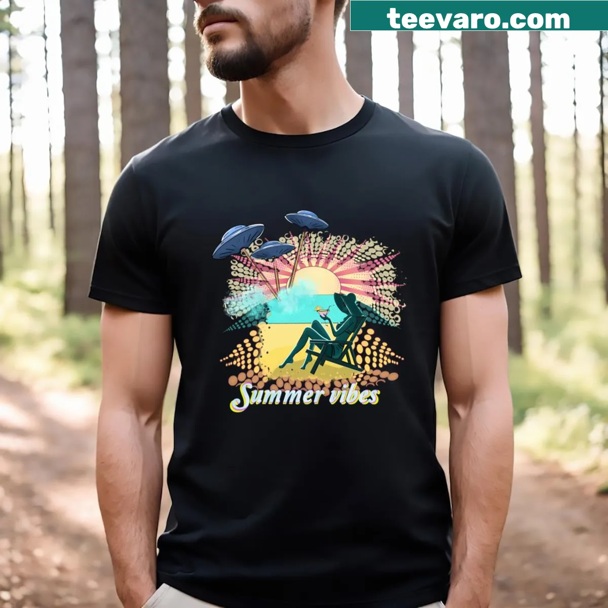 Inspirational vacation-themed text graphic on a t-shirt — on a men's t-shirt