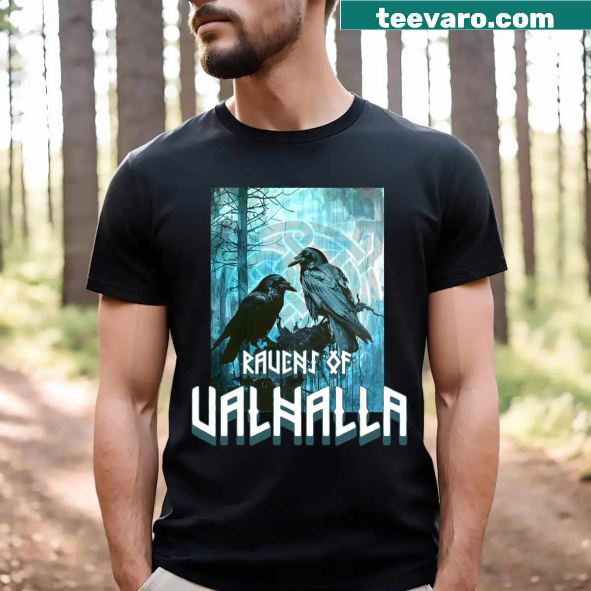 T-shirt with Viking symbol and two ravens design — on a men's t-shirt