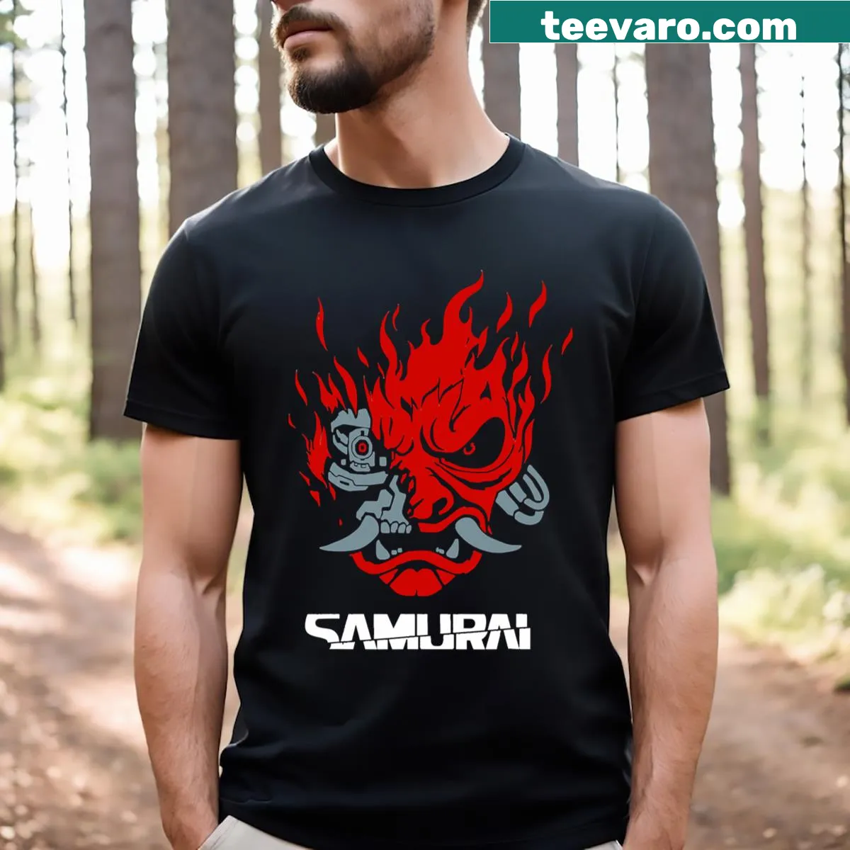 Retro Japanese gaming-themed graphic of a samurai on a t-shirt — on a men's t-shirt