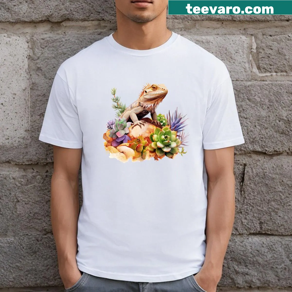 Watercolor t-shirt featuring a detailed bearded dragon illustration — on a men's t-shirt