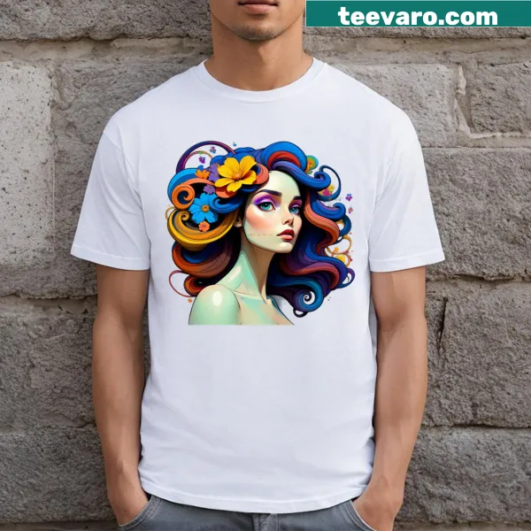 Illustration of a woman with flowers in her hair on a T-shirt
