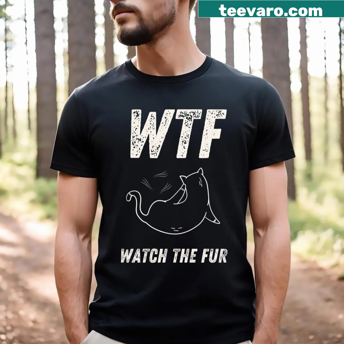 Funny cat-themed t-shirt with the phrase 'Wtf Watch The Fur' prominently displayed. — on a men's t-shirt