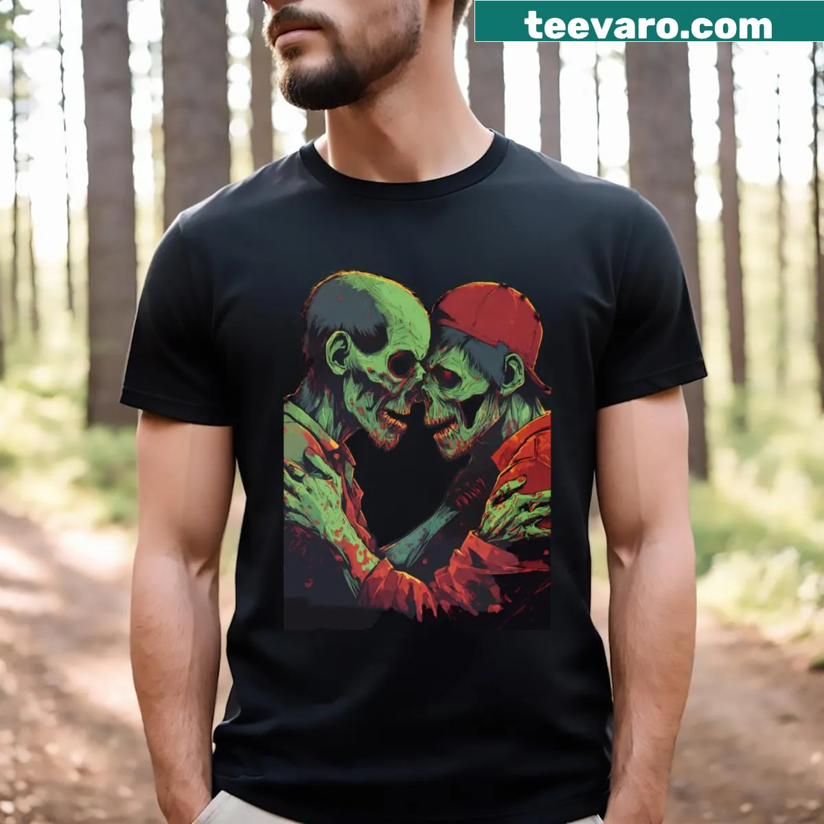 Cartoon zombie graphic t-shirt titled 'Zombie Brothers' showcasing fun zombie characters. — on a men's t-shirt