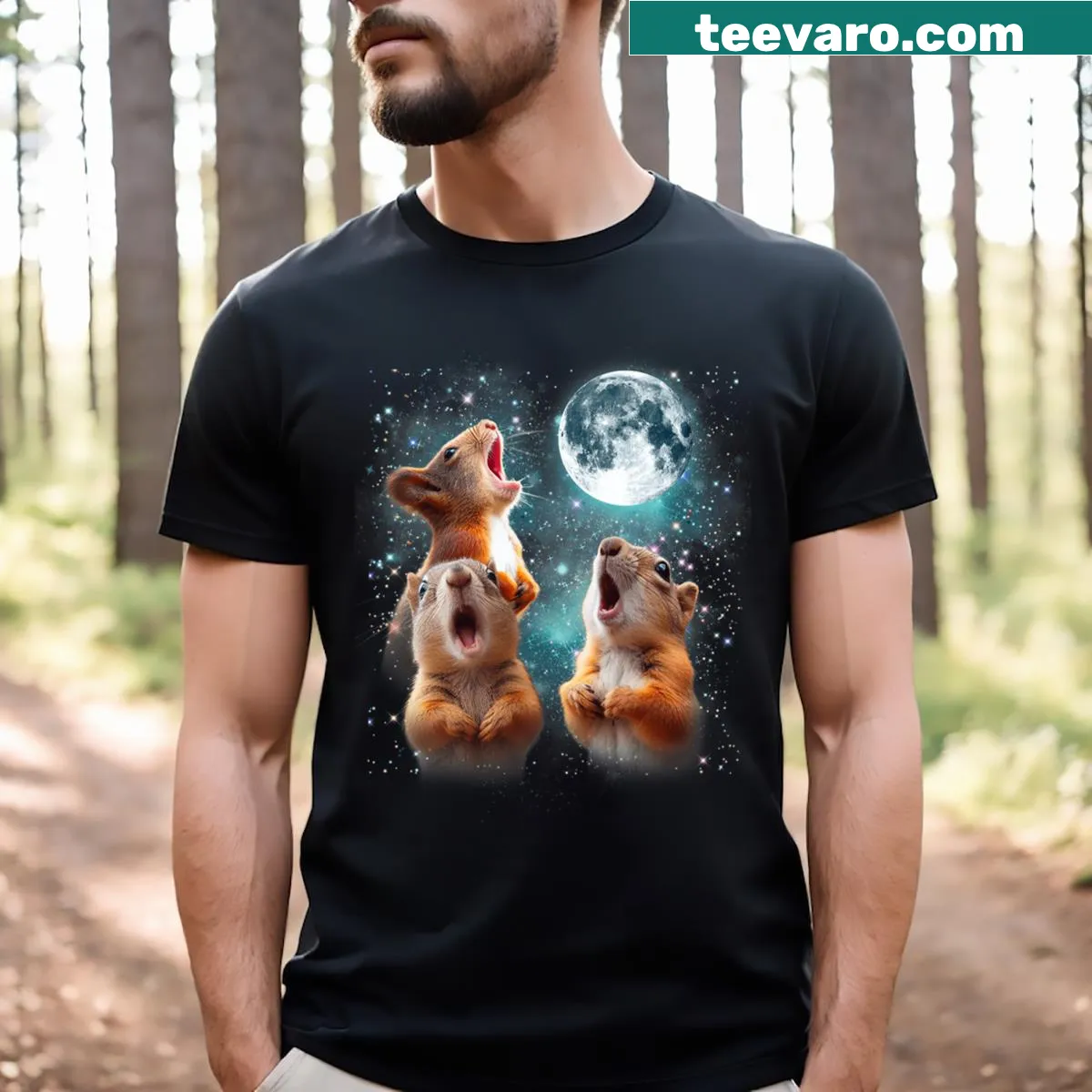 Funny T-shirt with a howling squirrel graphic and moon illustration — on a men's t-shirt