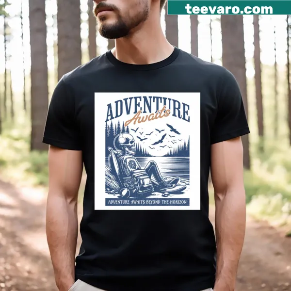 Illustrated T-shirt featuring outdoor adventure themes with mountains and skull