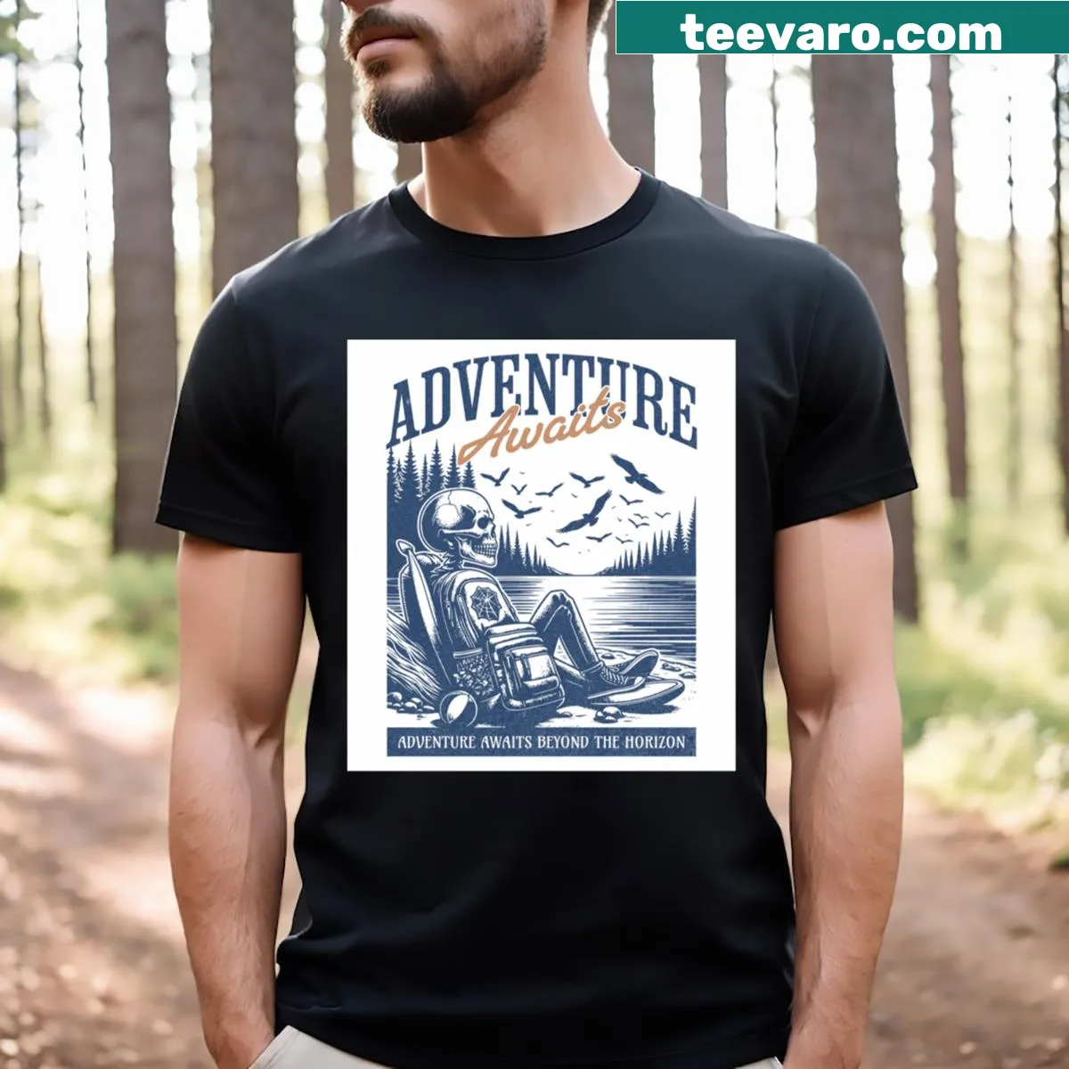 Illustrated T-shirt featuring outdoor adventure themes with mountains and skull — on a men's t-shirt