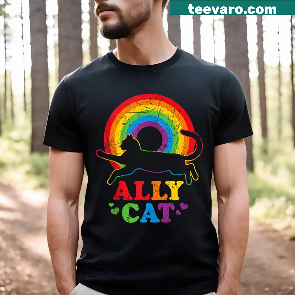 LGBT-themed cat with rainbow elements on a T-shirt. — on a men's t-shirt