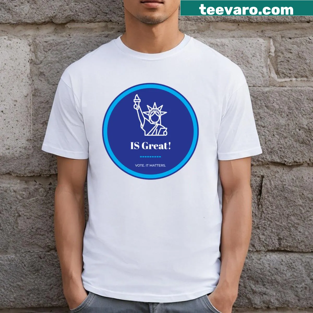 'America Is Great!' graphic T-shirt celebrating patriotism — on a men's t-shirt