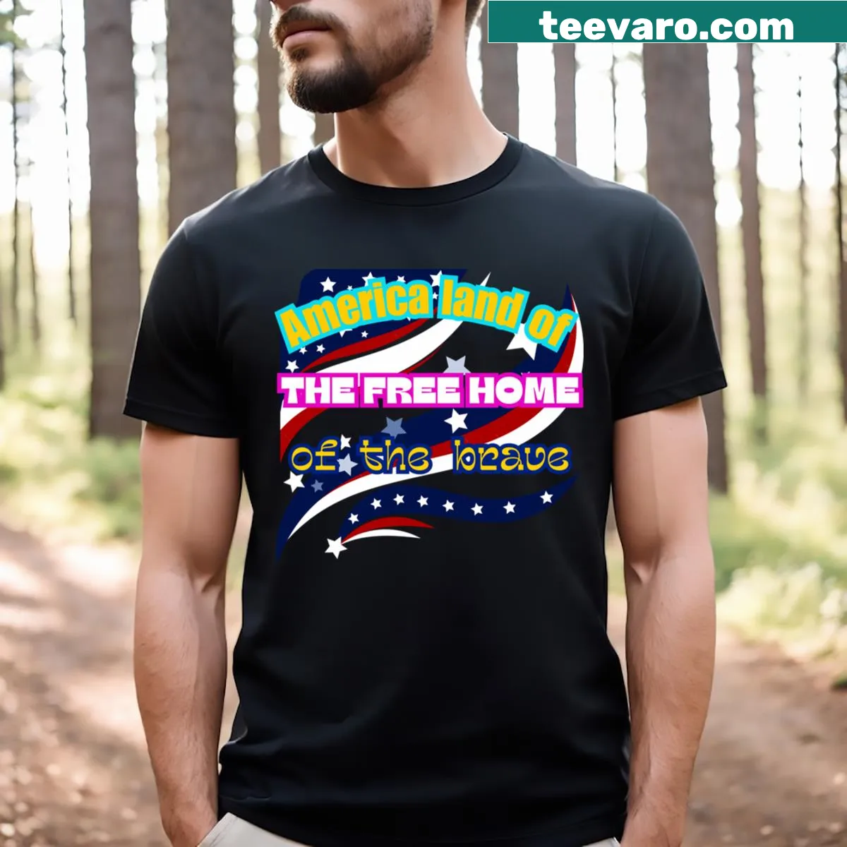 Patriotic T-shirt with the phrase 'America Land Of The Free Home Of The Brave' — on a men's t-shirt