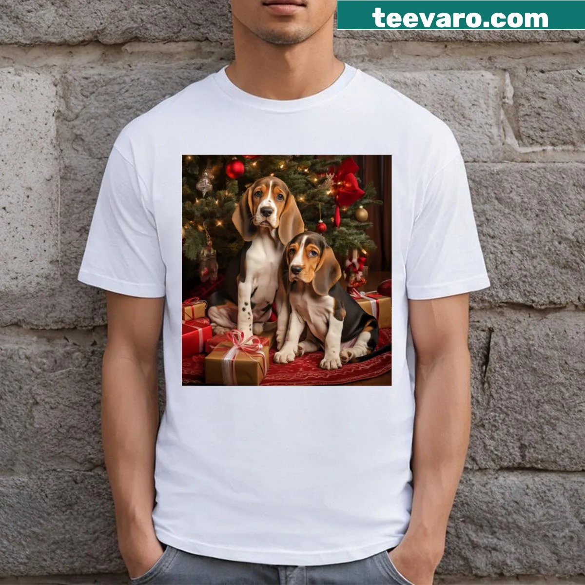 T-shirt featuring puppies with a Christmas tree in a cute illustration — on a men's t-shirt