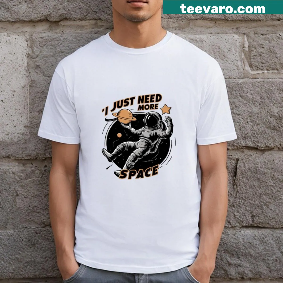 Funny astronaut-themed t-shirt with the quote 'I Just Need More Space.' — on a men's t-shirt