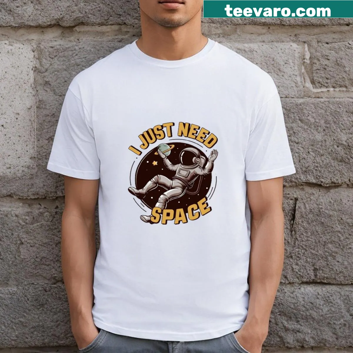 Funny astronaut-themed t-shirt with the phrase 'I Just Need Space.' — on a men's t-shirt
