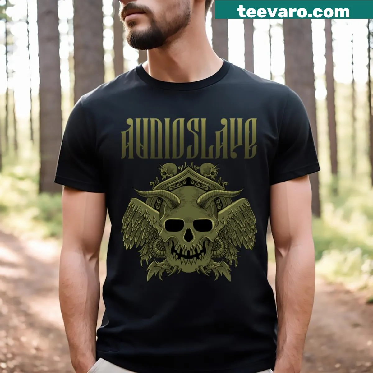 Audioslave band-themed t-shirt featuring the band's logo. — on a men's t-shirt