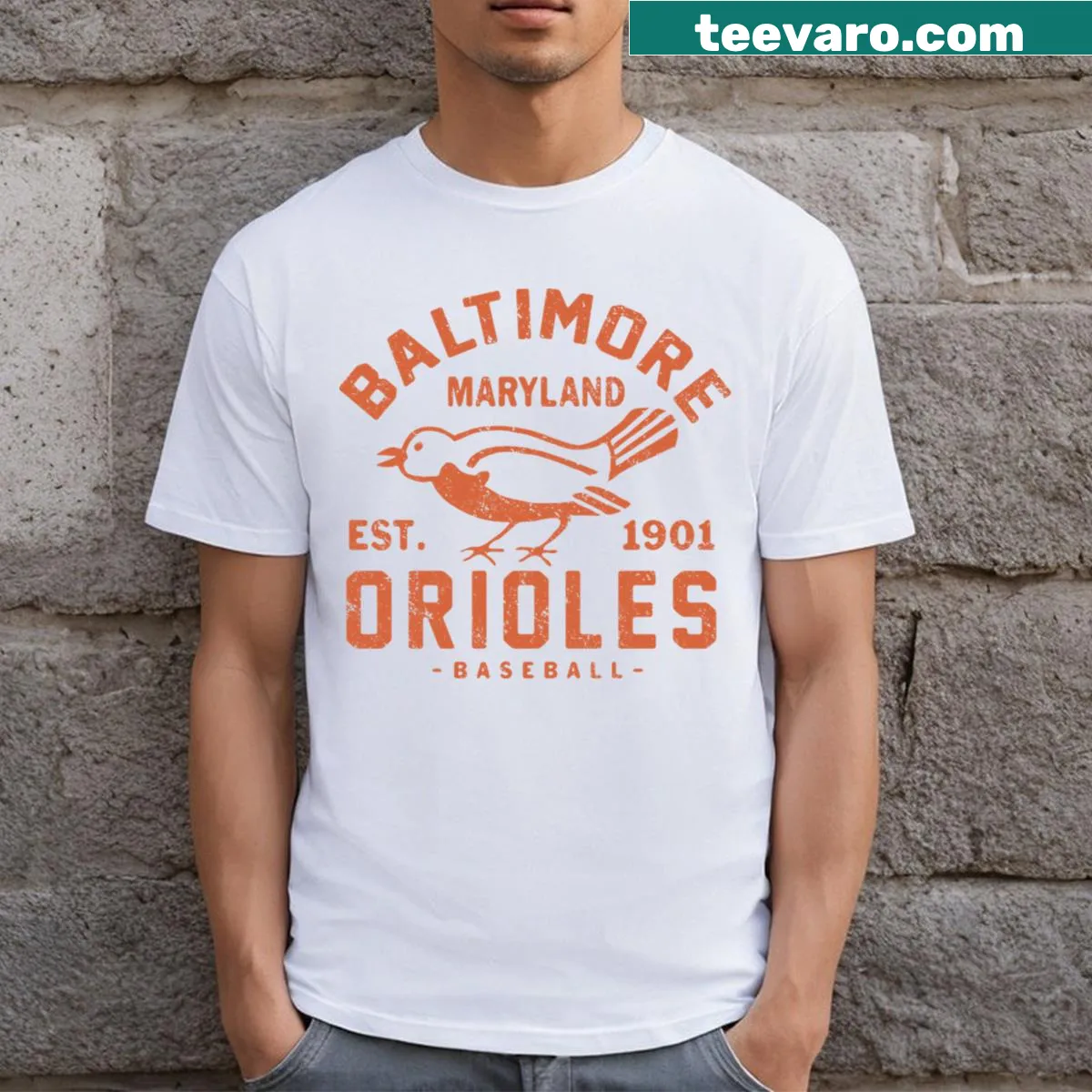 Vintage distressed Baltimore Orioles tee with retro logo — on a men's t-shirt