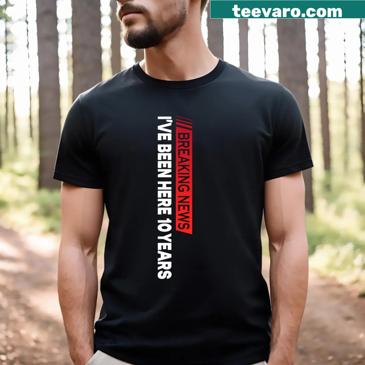 Funny t-shirt announcing a 10-year work anniversary — on a men's t-shirt