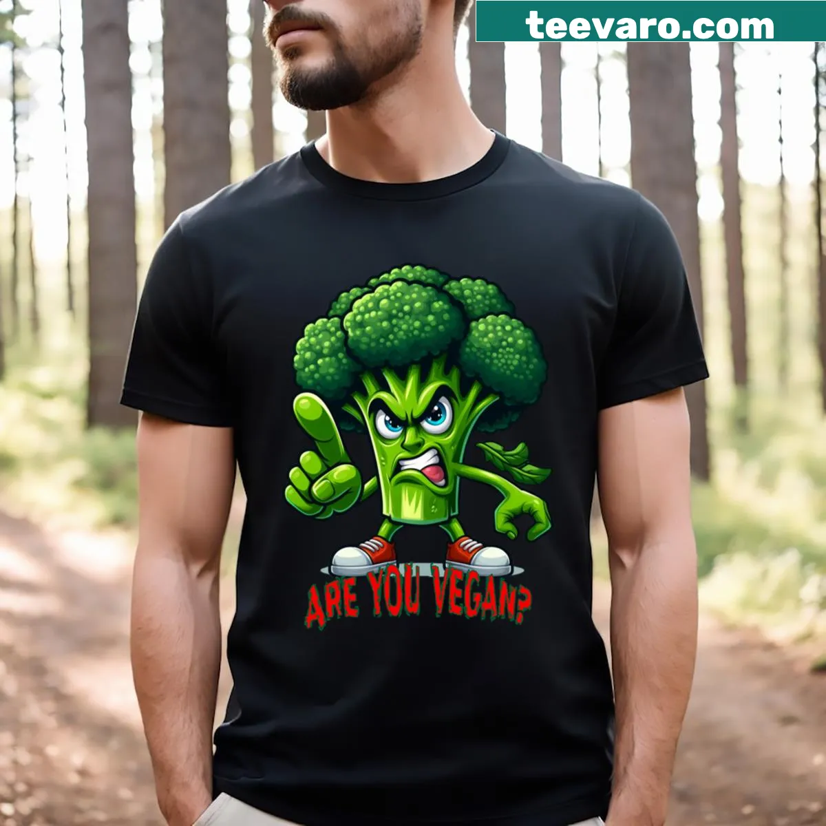Funny shirt with an angry broccoli graphic asking 'Are You Vegan?' — on a men's t-shirt