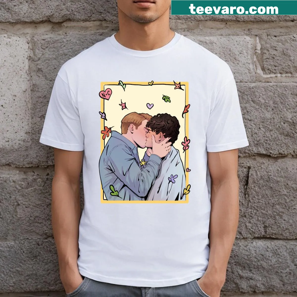 Heartstopper T-shirt with Charlie and Nick kissing graphic — on a men's t-shirt