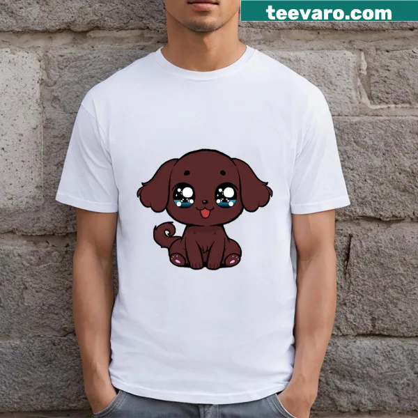 Cute cartoon puppy design on a Choco Pup t-shirt