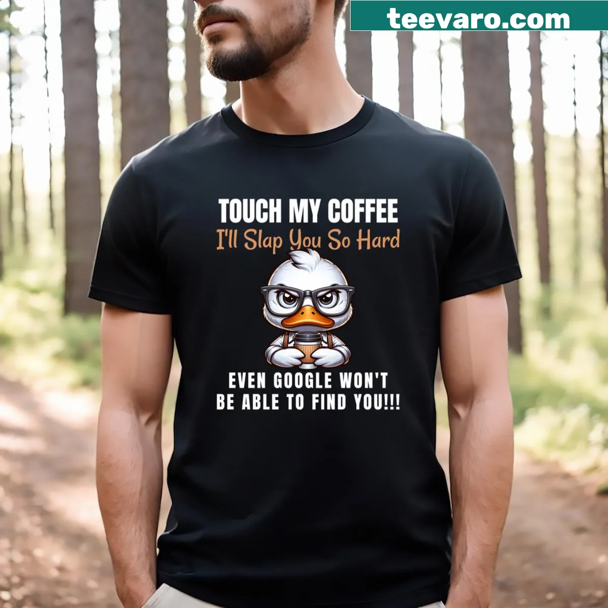 Funny duck graphic T-shirt warning about coffee — on a men's t-shirt