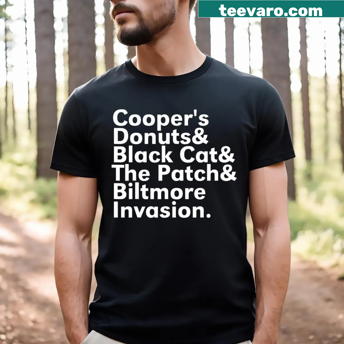 Cartoon T-shirt featuring a black cat and donuts design — on a men's t-shirt