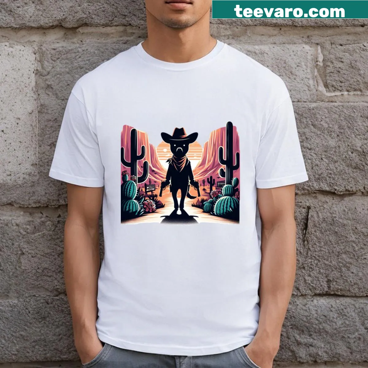 Illustration of a dog wearing a cowboy hat on a t-shirt. — on a men's t-shirt