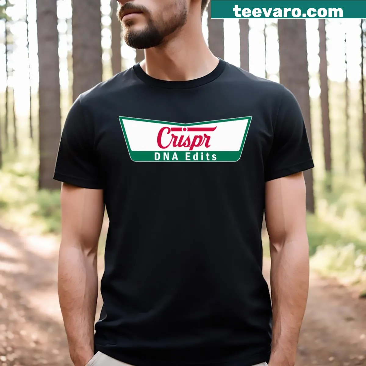 Typographic t-shirt celebrating CRISPR DNA editing — on a men's t-shirt