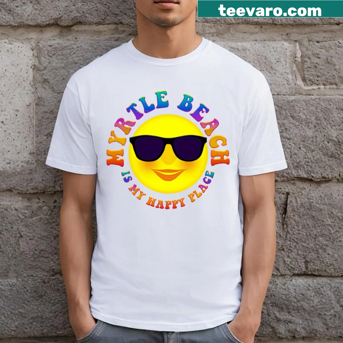 Beach-themed t-shirt celebrating Myrtle Beach as a happy place — on a men's t-shirt
