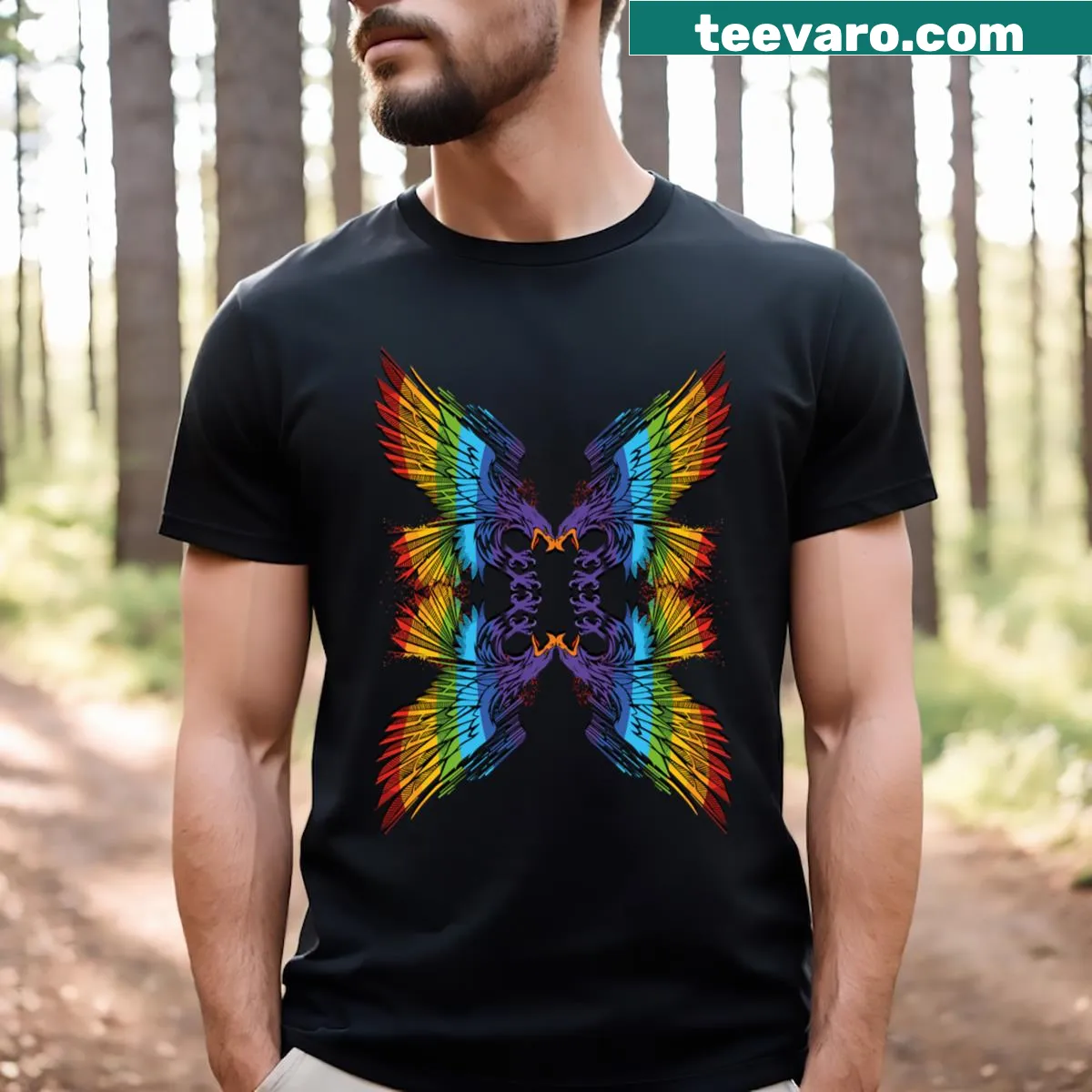 Eagle in mid-flight graphic on a t-shirt representing agility and strength. — on a men's t-shirt