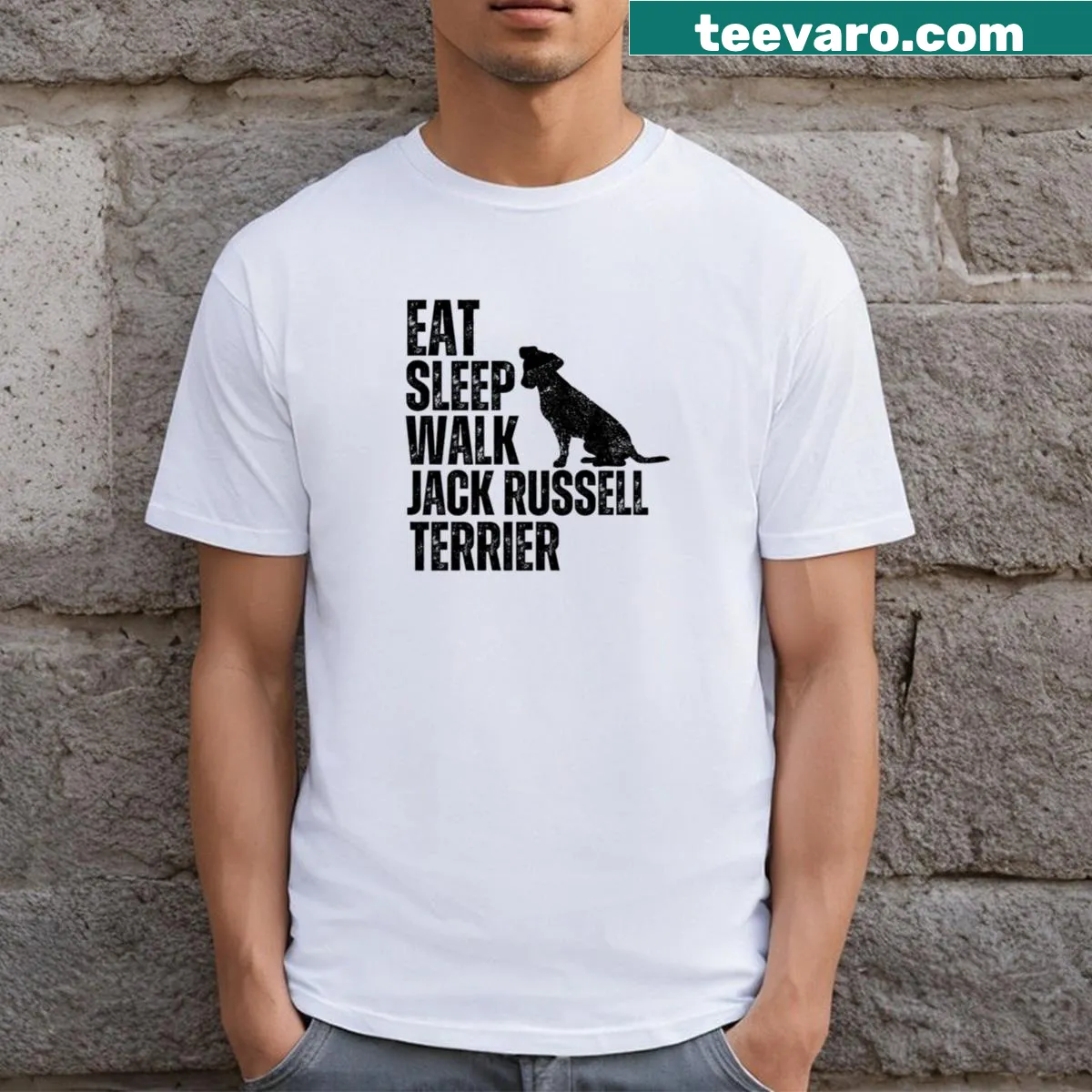 Jack Russell Terrier graphic with 'Eat Sleep Walk' text on a t-shirt. — on a men's t-shirt