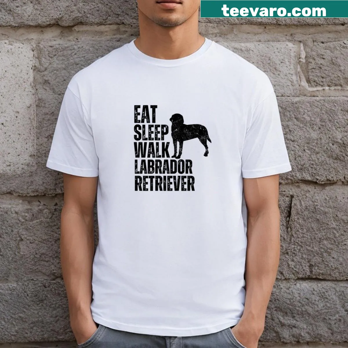 Labrador Retriever-themed t-shirt with 'Eat Sleep Walk' text design. — on a men's t-shirt