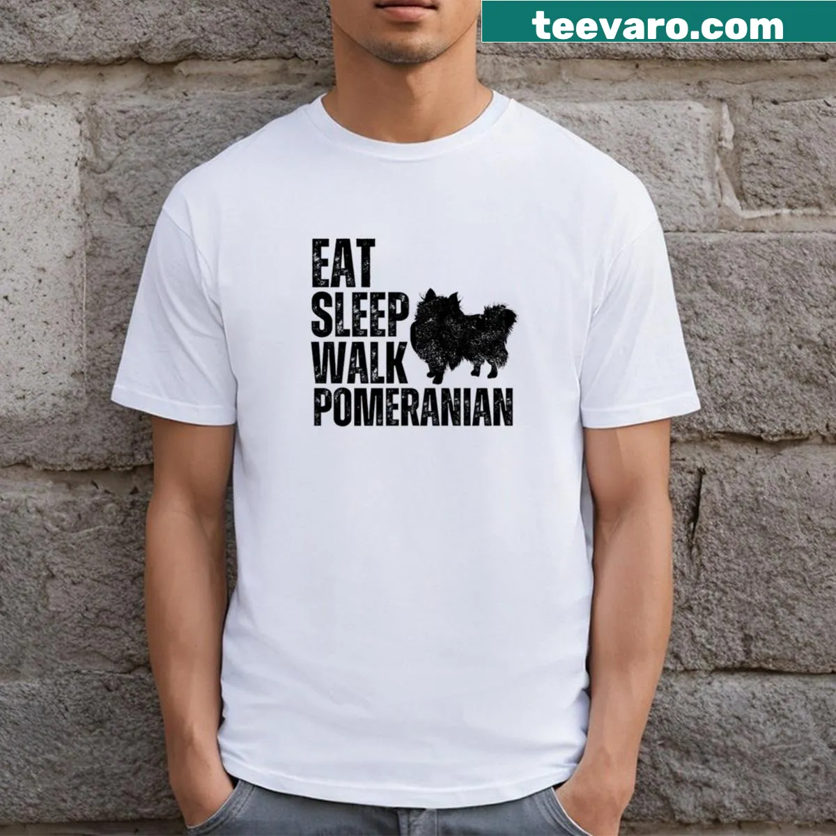 Pomeranian graphic t-shirt featuring 'Eat Sleep Walk' slogan. — on a men's t-shirt
