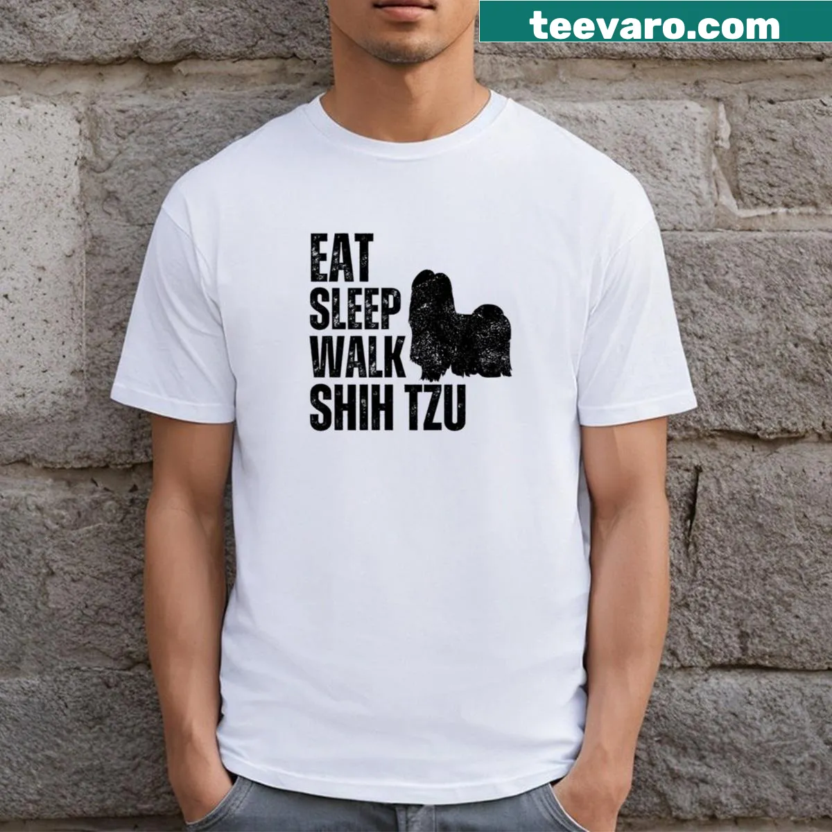 Shih Tzu themed t-shirt featuring 'Eat Sleep Walk' design. — on a men's t-shirt