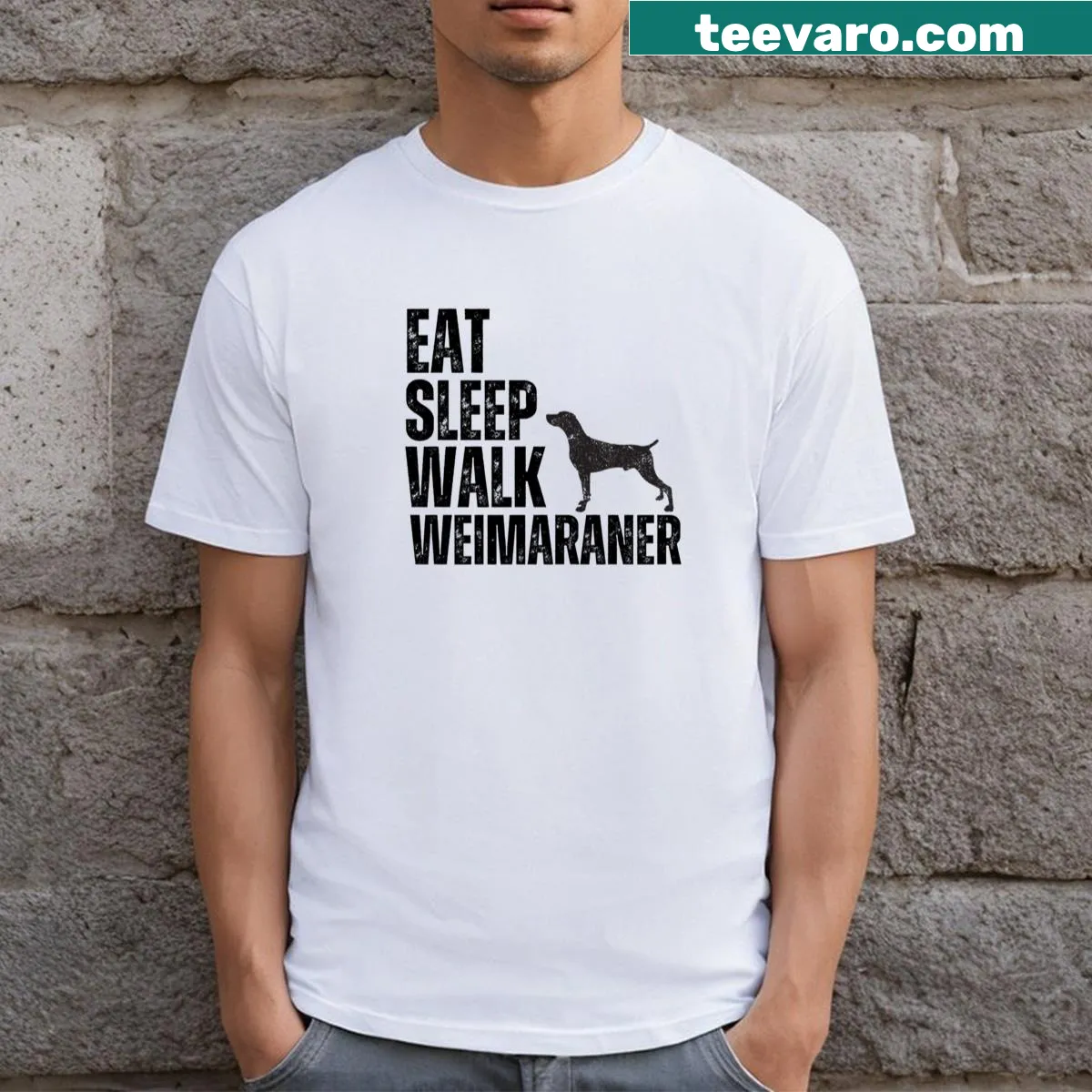 Weimaraner graphic with 'Eat Sleep Walk' slogan on a t-shirt. — on a men's t-shirt