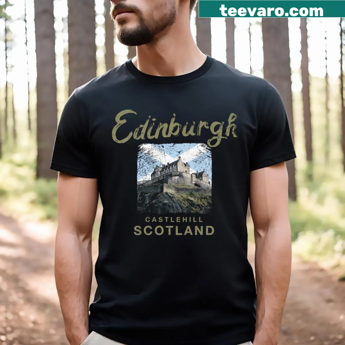 Illustrative T-shirt featuring Edinburgh Castle design — on a men's t-shirt