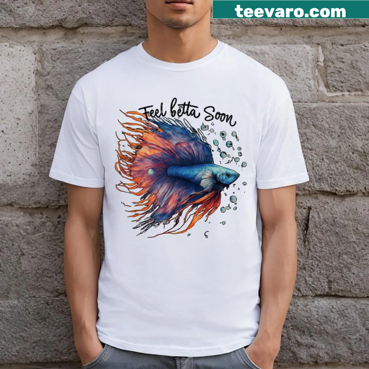 Whimsical graphic of a Betta fish on a t-shirt — on a men's t-shirt