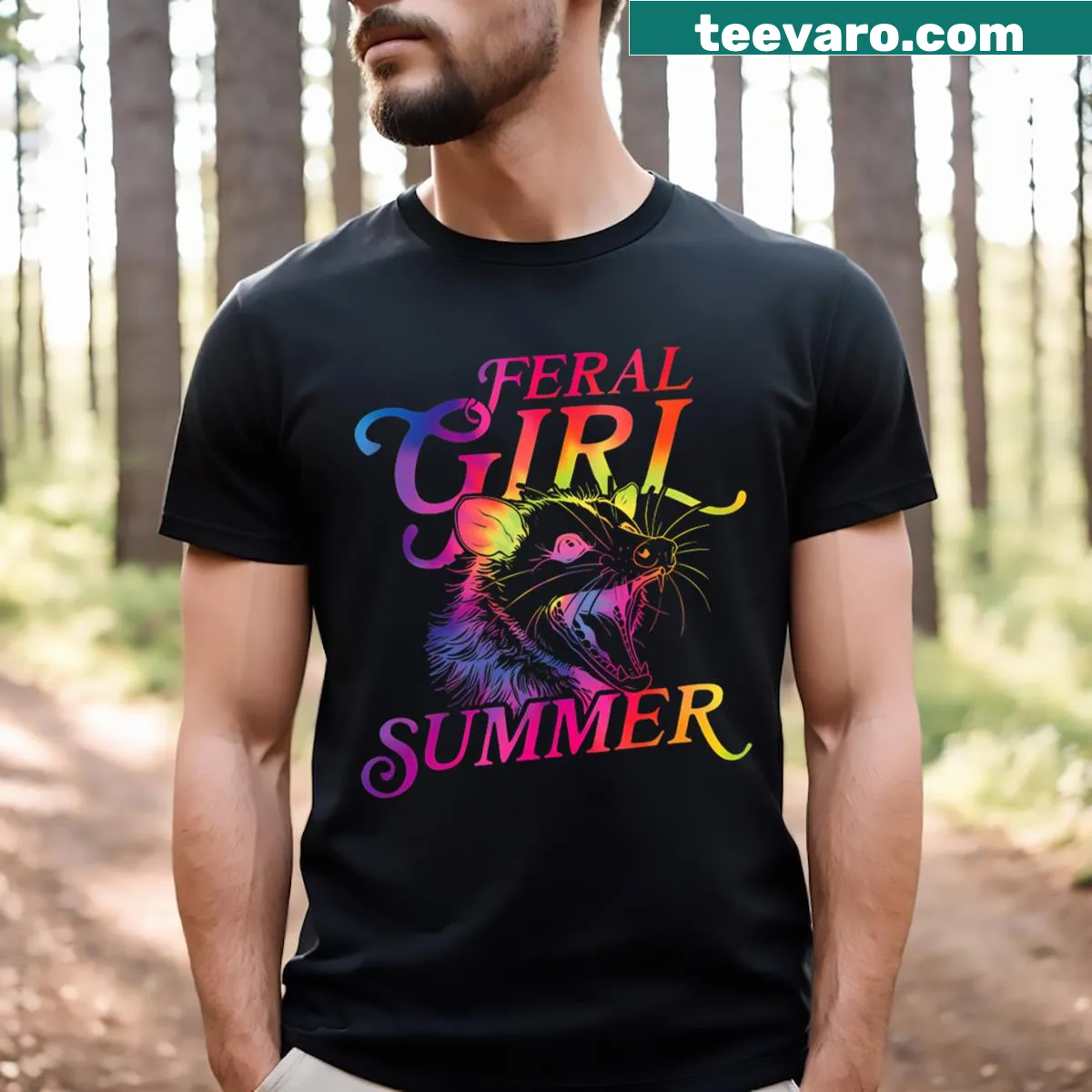 Cute opossum illustration with 'Feral Girl' text on a t-shirt — on a men's t-shirt