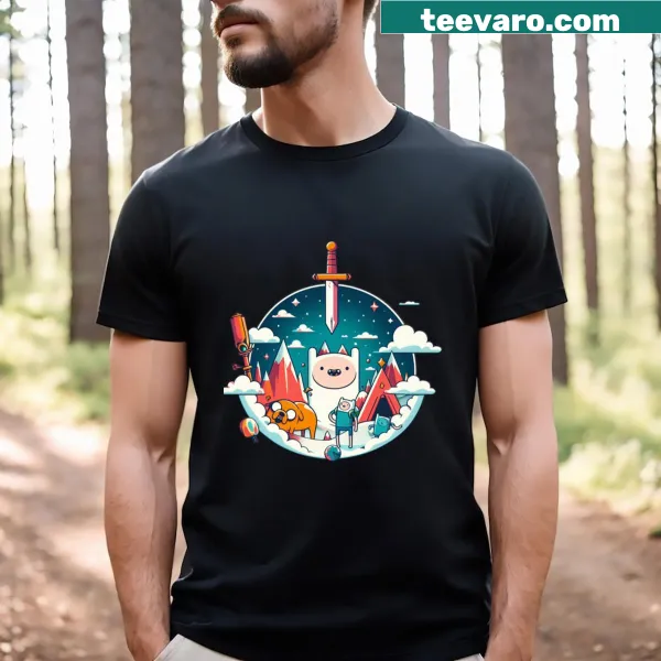 Finn and Jack the Dog graphic t-shirt with playful text