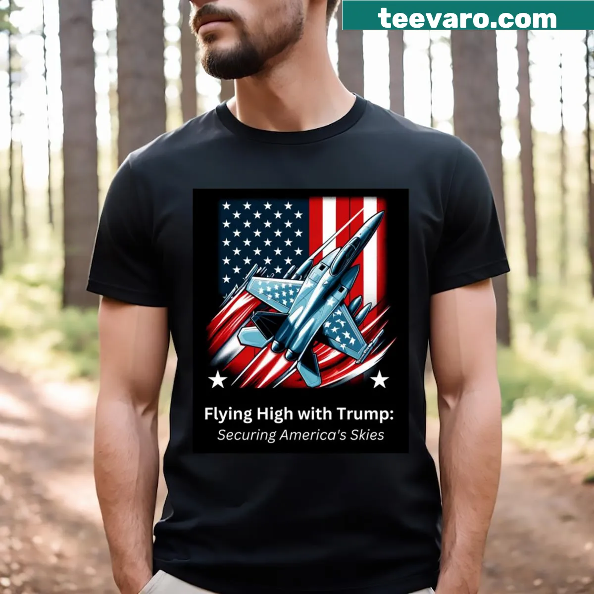 Illustrated t-shirt with airplane and Trump phrase — on a men's t-shirt