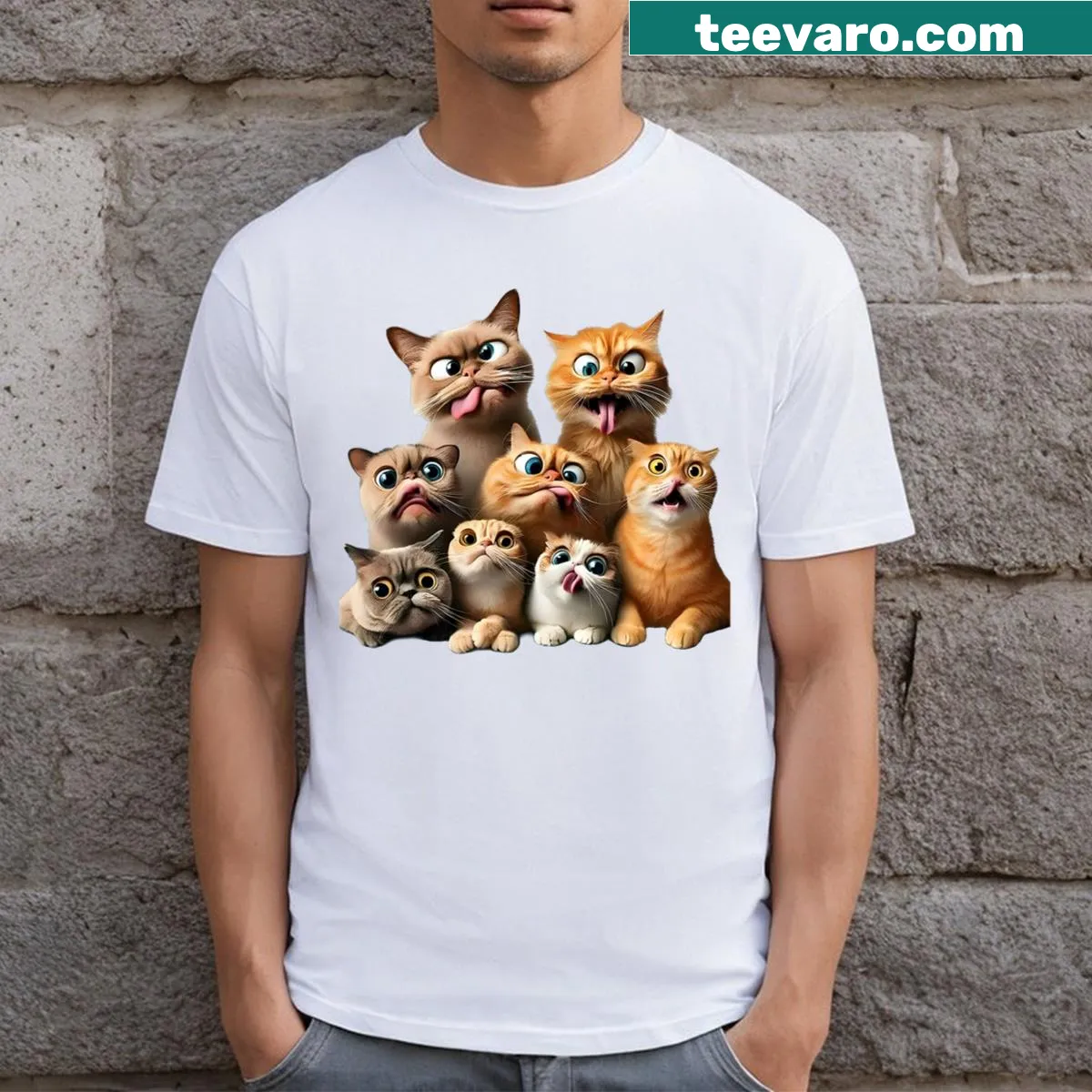 Whimsical cat artwork on a fun cat-themed T-shirt — on a men's t-shirt