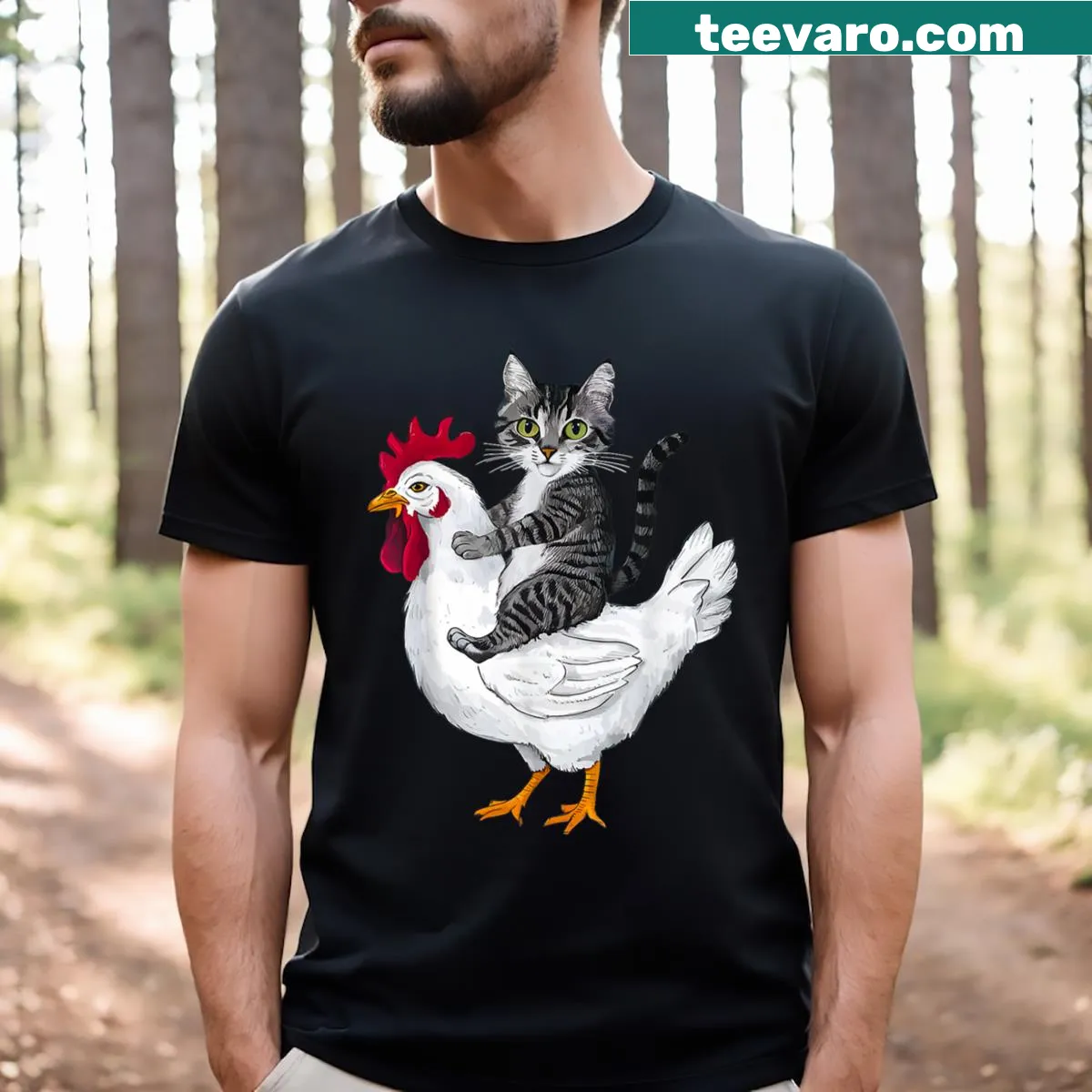 Humorous illustration of a cat riding a chicken on a T-shirt — on a men's t-shirt