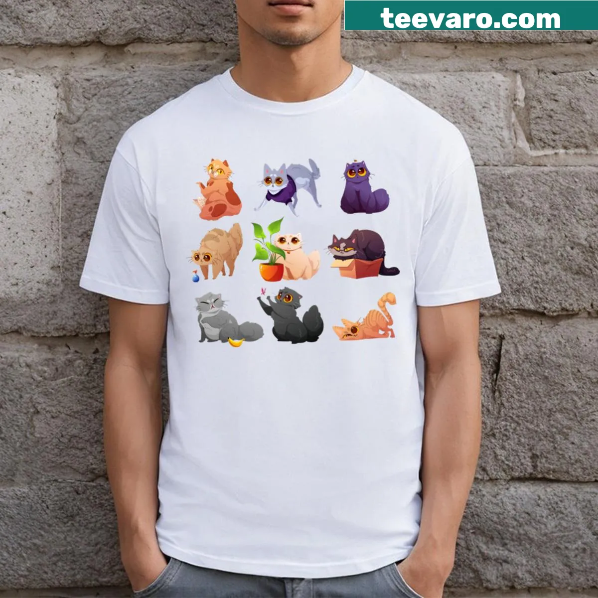Cartoon cats sticker pack design on a humorous T-shirt — on a men's t-shirt