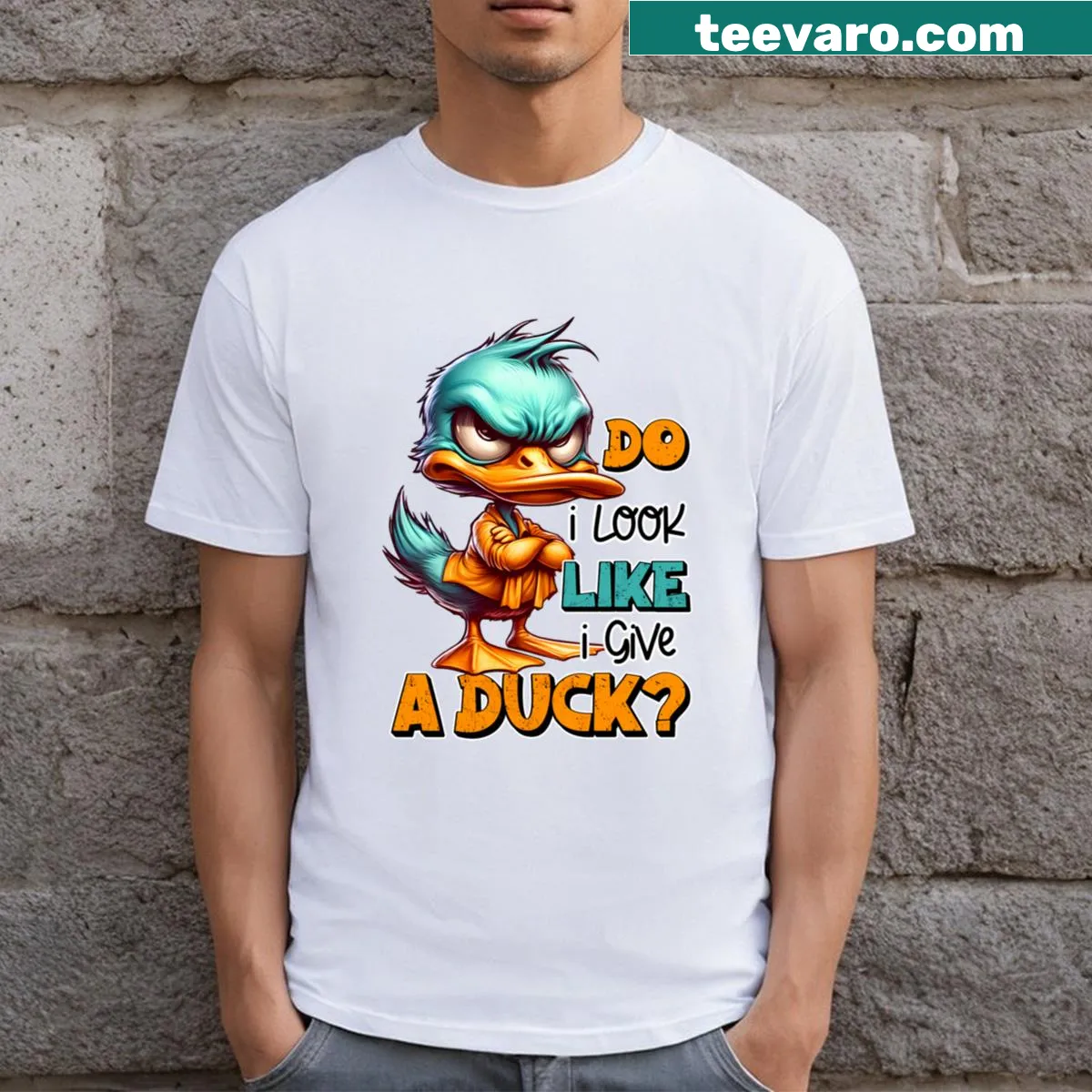 Funny t-shirt with whimsical duck graphic — on a men's t-shirt