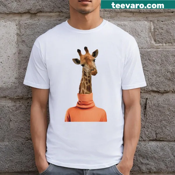 Funny t-shirt with giraffe in orange turtleneck graphic