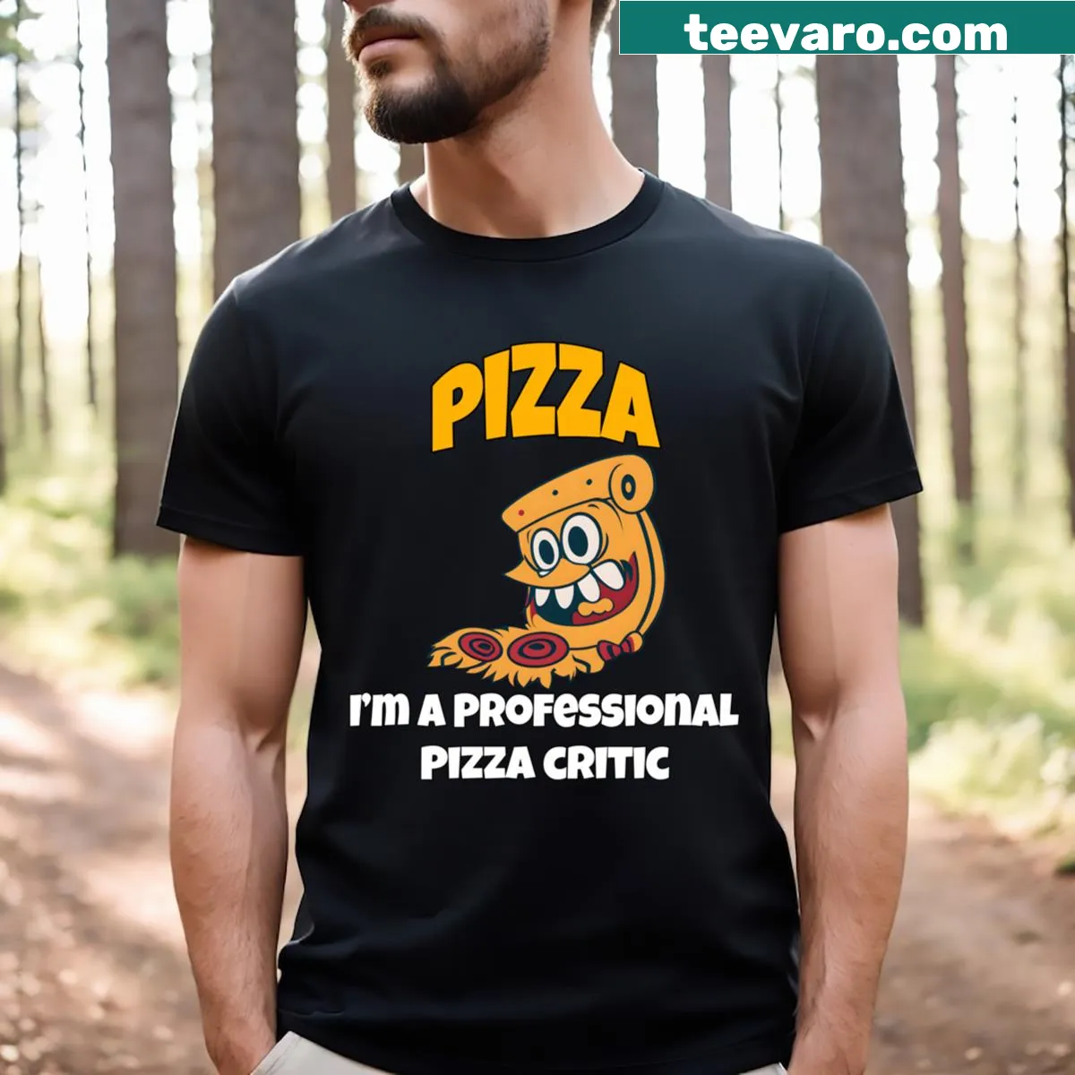 Funny pizza critic t-shirt with humorous text — on a men's t-shirt